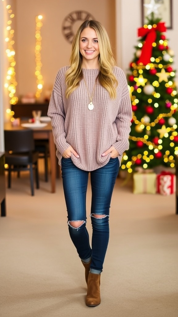 Casual Christmas party outfit with oversized sweater, jeans, and boots in a festive setting.